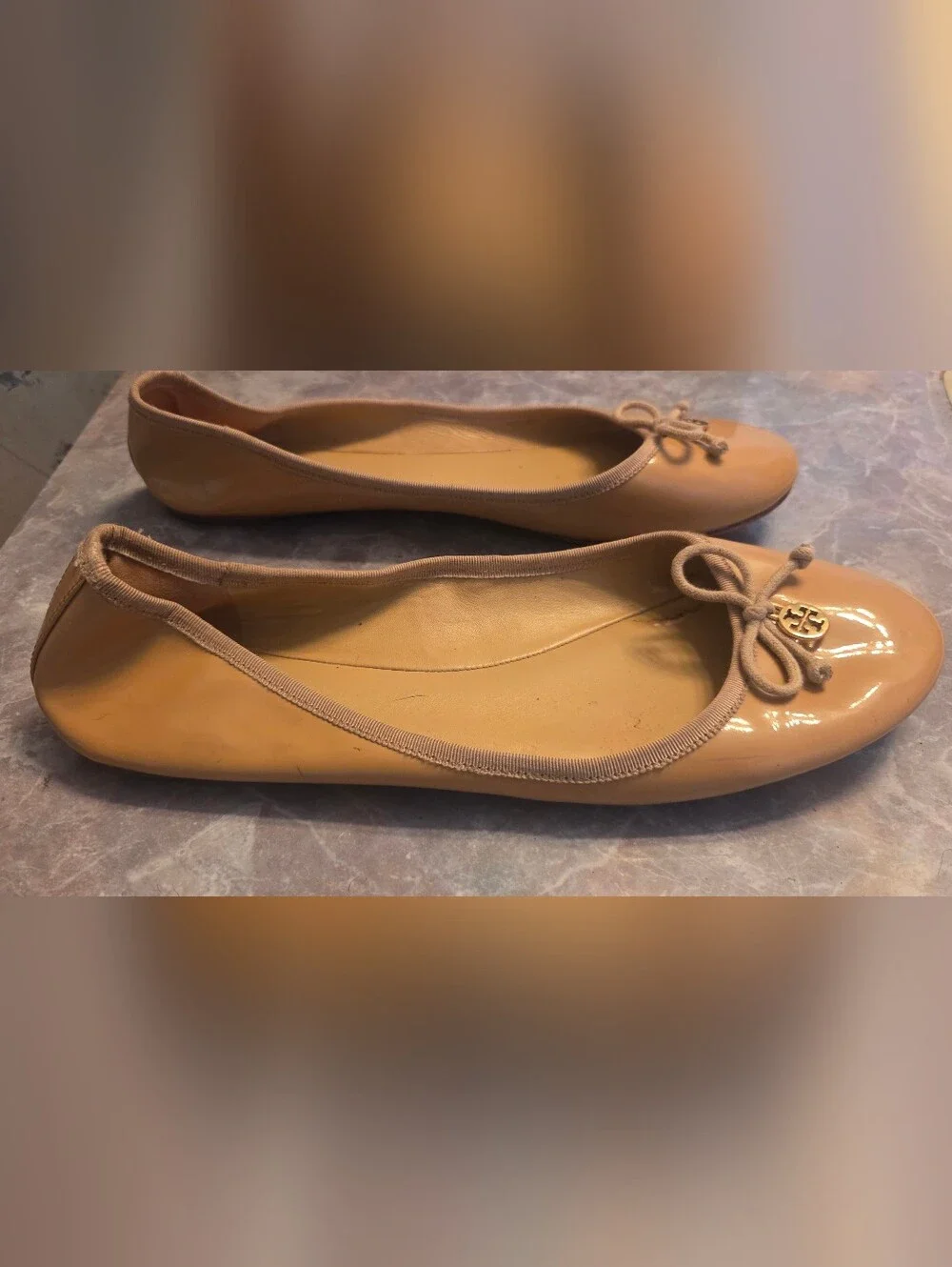 Tory Burch Nude Patent Ballet Flats with Logo Charm